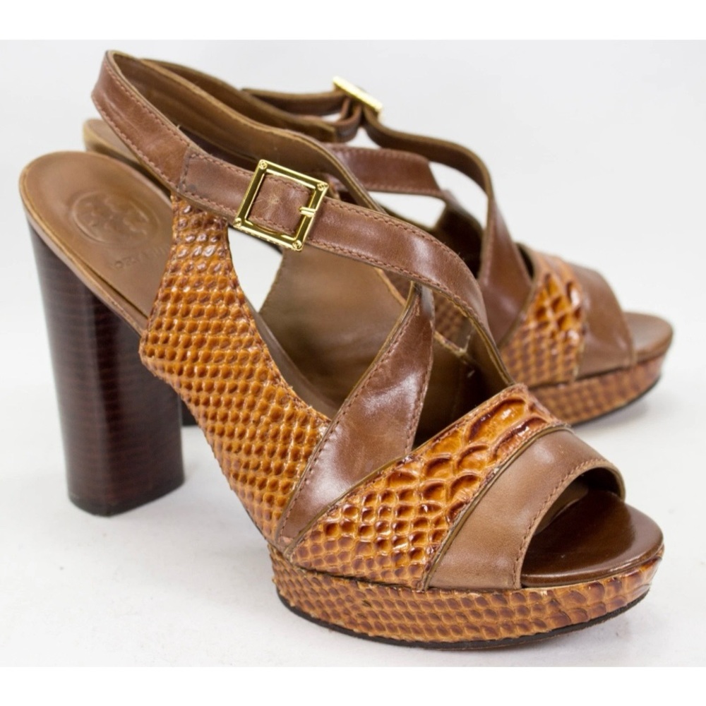 Tory Burch Womens Size US 9 M Brown Deidre Snakeskin Platform Open Toe Heels